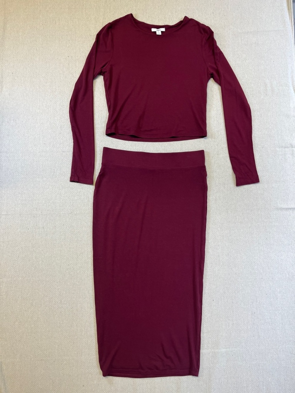Bar III Burgundy Long Sleeve Crop Top + Midi Skirt Set